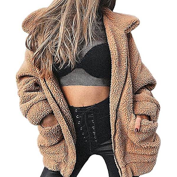 Dame Lapel Langærmet Faux Jakke Vinter Sexet Parka Mode Jakke（2XL Khaki）