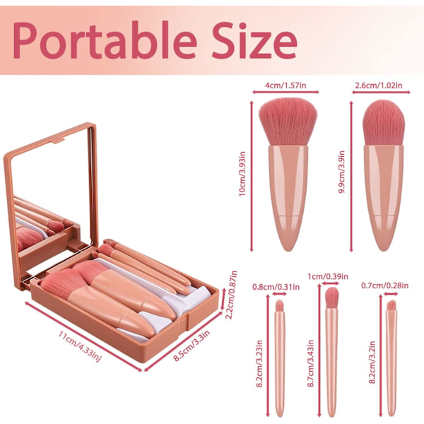 5-pak Makeup Brush Set med Spejlboks, Bløde Makeupbørster Cosm