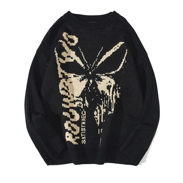 Damtröja Butterfly Jacquard Lös Casual Pullover Mode Trendig värmande tröja för vinter julklapp（XL Svart）