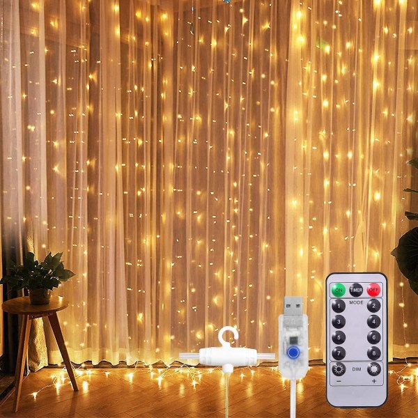 Window Curtain String Light 300 Led 8 Lighting Modes Lights Remote Control Usb Powered Waterproof (warm White)3*3m（3*2M）