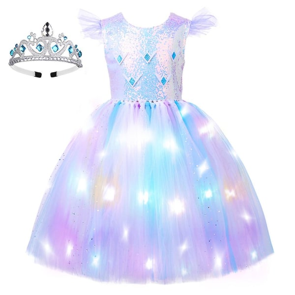 Princess Tutu Girls Led Glow Frozen Elsa Princess Dress Flying Sleeve Dress for Halloween Costume（130cm）