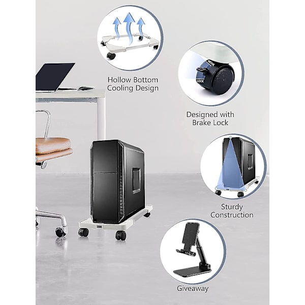 Datorställ, justerbart mobilt CPU-ställ med rullande hjul