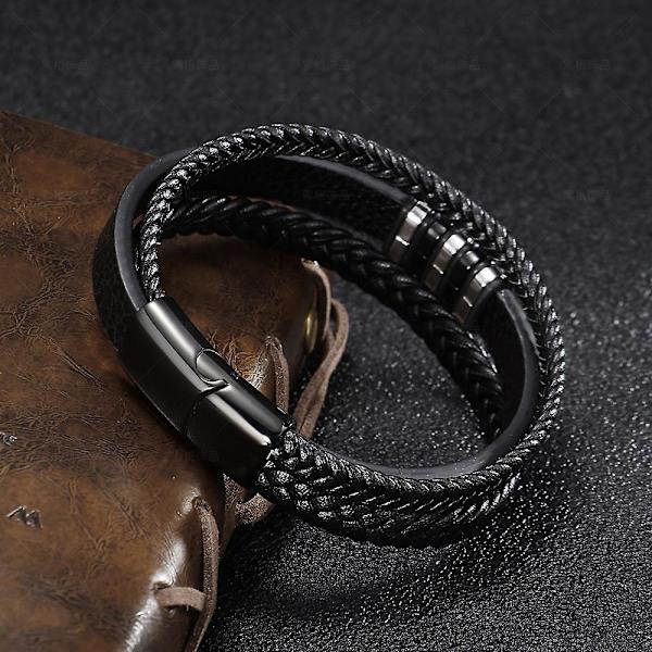 Present till män  Herrarmband  Läderarmband  Svart läder  Flätat äkta läder brett omslagsarmband