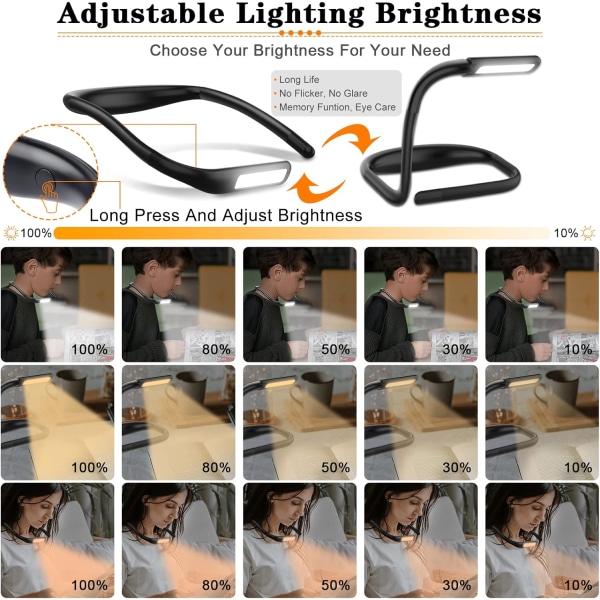 LED-läslampa, flexibel och uppladdningsbar, handsfree natt Li