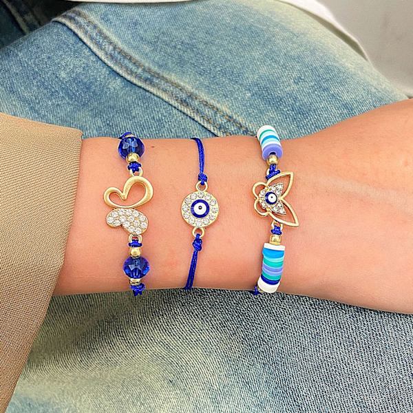 3 stk. Ondt Øye Justerbart Armbånd Håndlaget Blått Flettet Tau