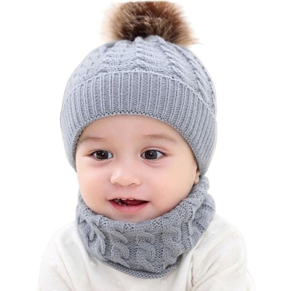 2 STK Grå babystrikket hat tørklæde til småbørn, termisk blød løkke tørklæde Uni
