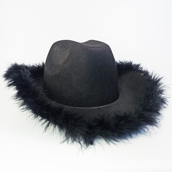 1 Black Cowgirl Hat with Feather Boa Fluffy Feather Brim Cowboy H