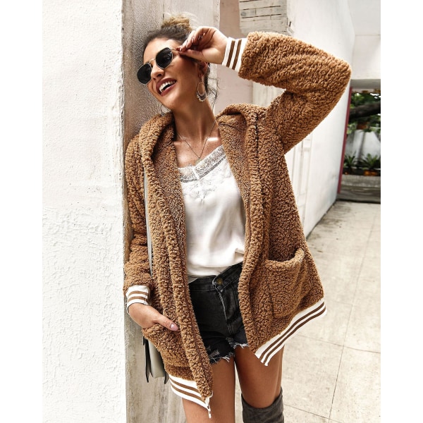 Kvinners Oversize Fleece Plysj Jakke Lang Ermet Cardigan Yttertøy Teddy Jakke（M Khaki）