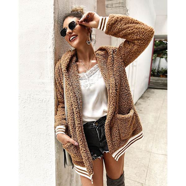 Kvinnors Oversize Fleece Plyschjacka Långärmad Cardigan Ytterkläder Teddyjacka（S Khaki）
