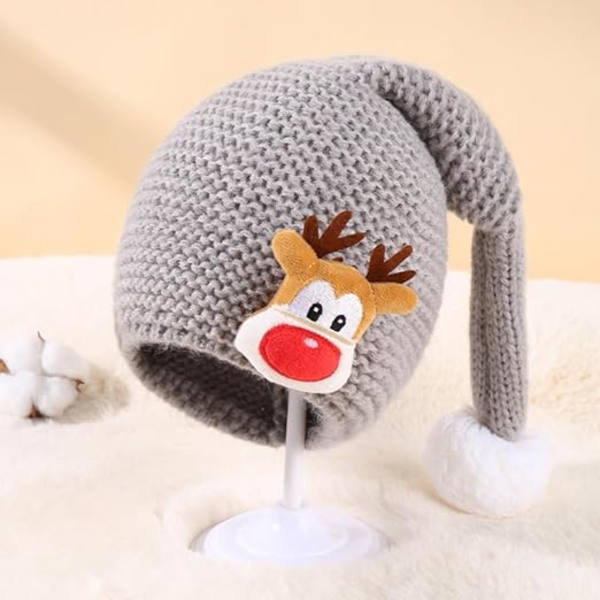 Grå julehatt, baby 1-4 år, vinterhatt, julelon