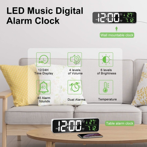 Digital vekkerklokke, veggklokke morgen vekkerklokke LED digitalt stort speil med temperaturdato, 2 alarm, 40 musikk, 6 variabel lysstyrke, hvit