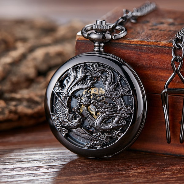 Antique Mechanical Pocket Watch Lucky Dragon & Phoenix (Best Wishes) Skeleton Dial with Chain for Men Women + Black Box