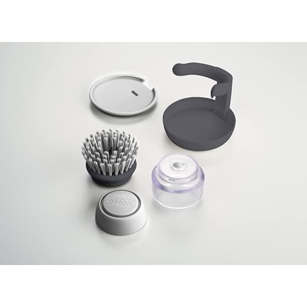 Grey  Palm Scrub Dish Brush with Refillable Dishwashing Liquid Dispenser and Storage Holder