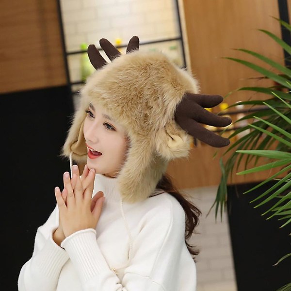 Jul Älg Horn Hat Faux Päls Plyschig Fluffy Värmare Vinter Öronlapp Huvudbonad Mössa Rysk Trapper Vindtät Utomhus Mössor