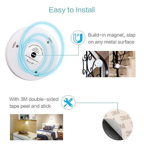 3-pack LED-rörelsesensor nattlampa, PIR-rörelsesensor LED-skåpsbelysning batteridriven trådlös belysning nattlampa med gratis 3m självhäftande P