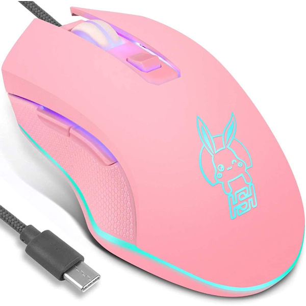 Kablet spillmus med stille 7-fargers bakgrunnsbelysning type C optisk ergonomisk mus for PC bærbar datamaskin kontor Mac rosa