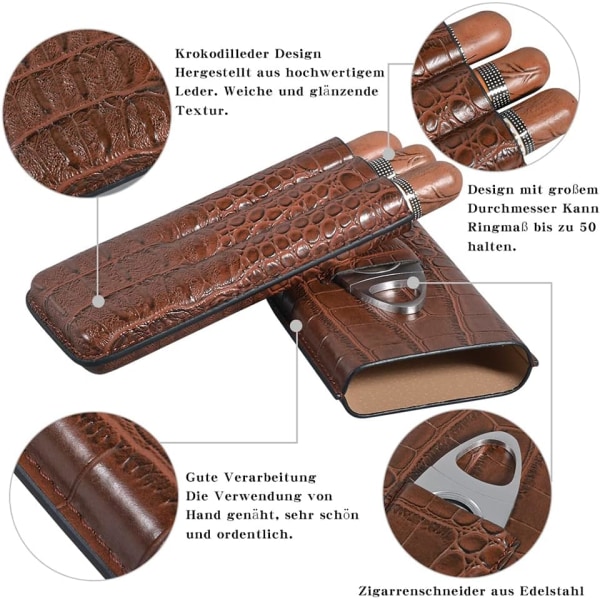 Cigar Etui, 3 Humidor Cigar Rør i Korn Krokodilleskind (Bro