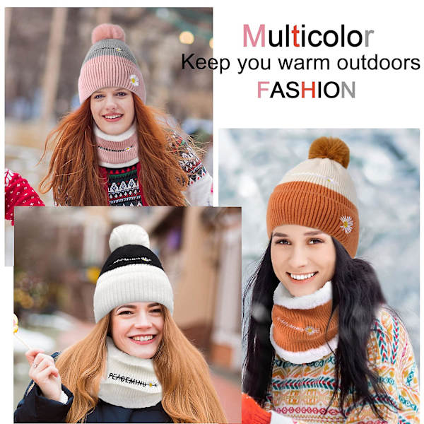 Dam Beanie Hat Och Scarf Set - 2 st Vinter Pom Pom Beanie Mössor Dam Thermal Stickad Cuffed Hat Halsvärmare（A）