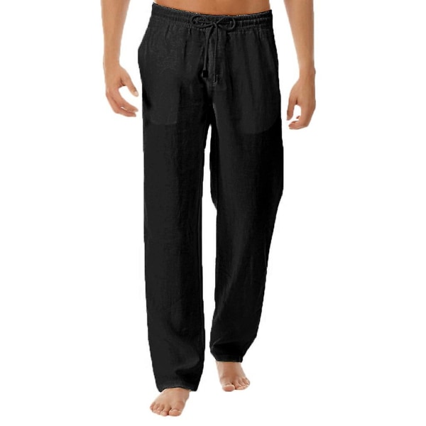 Men Linen Look Baggy Pants Elasticated Waist Casual Beach Yoga Trousers（M Black）