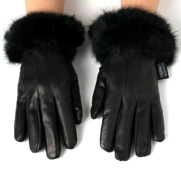 Dam handskar i äkta läder med termiskt foder och fuskpälskant (M)