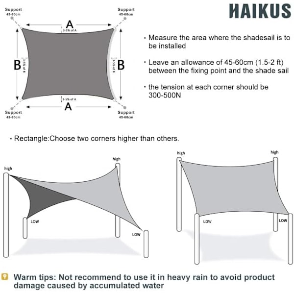 Skygge Sejl (HDPE, 180g/㎡), Rektangulær 2x3m, Have Terrasse Skygge S