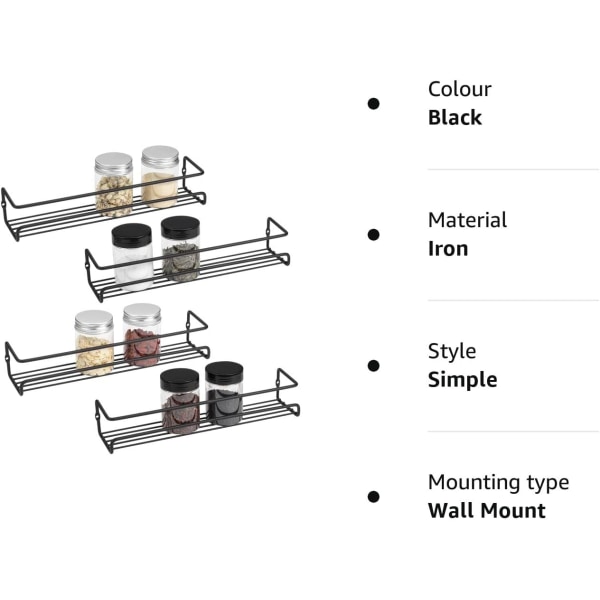 Krydderhylle-organisator, 4-pakks veggmontert hylle med lim