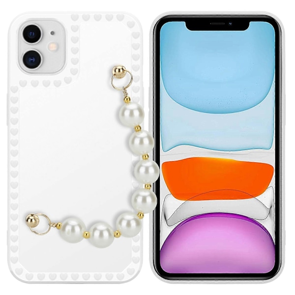 Love-telefonfodral som passar iPhone 11 skyddande fodral TPU skyddande fodral med pärlkedja vit