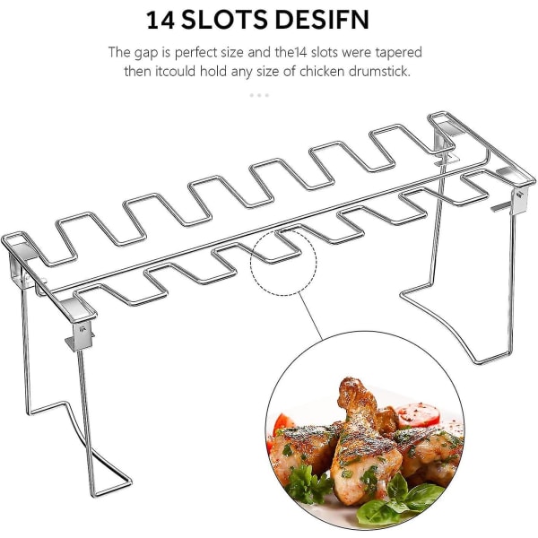 Kyllinglår- og Vingestativ med 14 Plasser, Rustfritt Stål, Grillstativ med Dryppbrett, Ikke-klebende