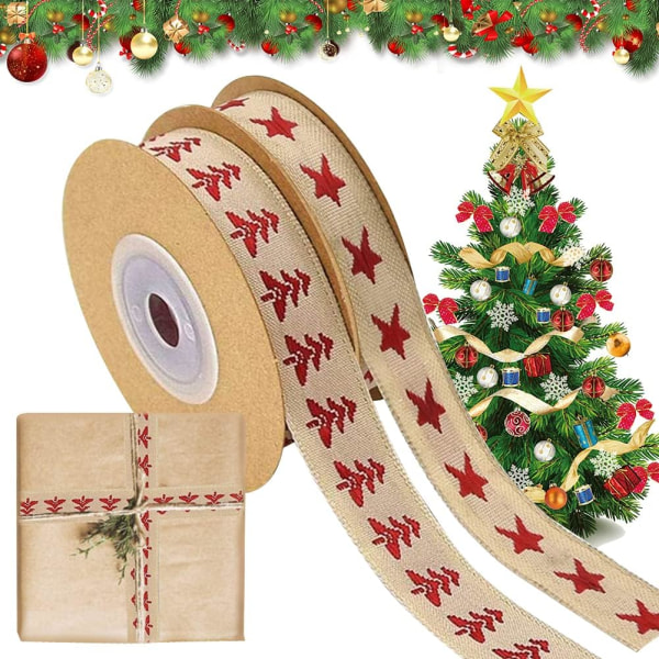 2 ruller juleindpakningsbånd 15 mm, brunt bånd Bomuld Chris