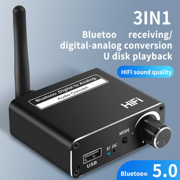 D18 Bluetooth 5.0 -vastaanotin, digitaalinen analogiamuunnin, digitaalinen ääni analogiseksi, mod-liitäntä, USB-toisto, AUX-sovitin