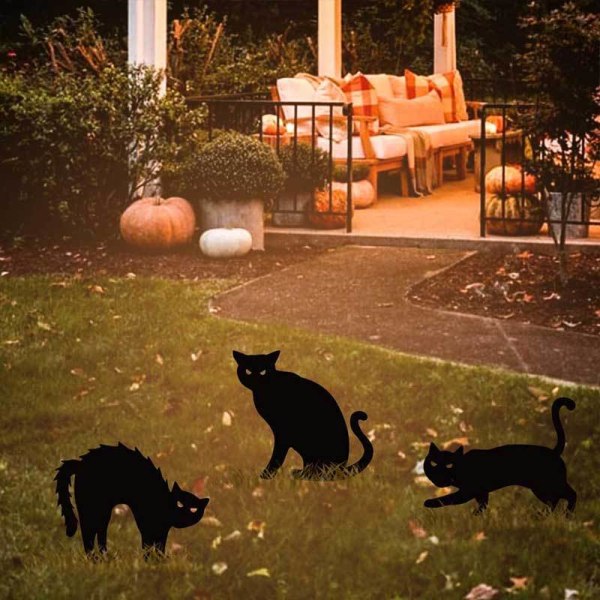 Halloween-pihan paalukoristeet ulkona - 3 paneelin musta kissanurmikko