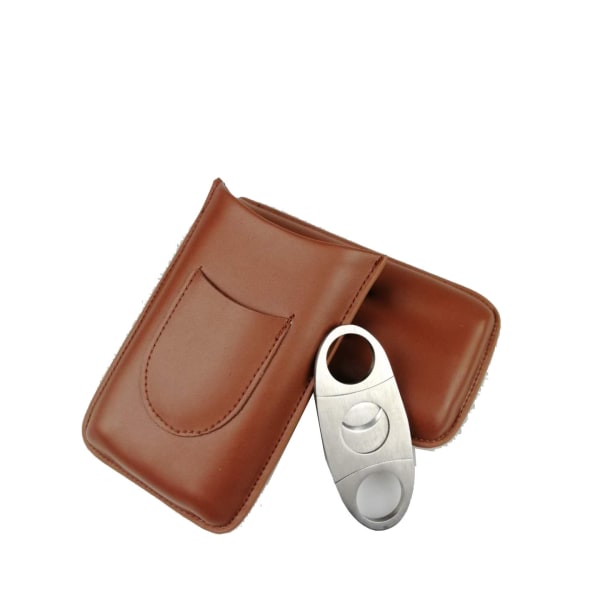 Læder Cigar Etui Rejse Humidor til 3 Cigarer med Cigar Cutter