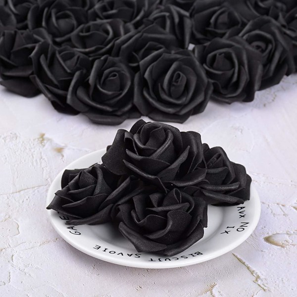 100 stk kunstige hvite roser 7 cm blomster, blomsterhoder hvite ornamenter, bryllupsbankett hvite hårpynt（svart）