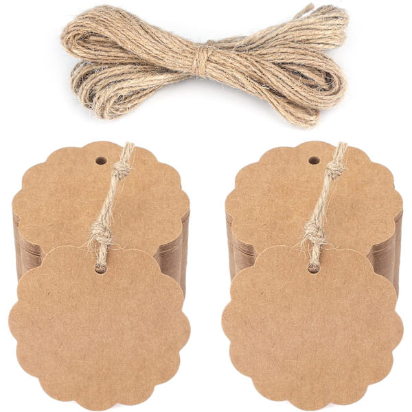 6 cm:n pyöreä kraft-paperilappu, 100 kpl lahjatunnistetta 20 m:n juuttinarulla,