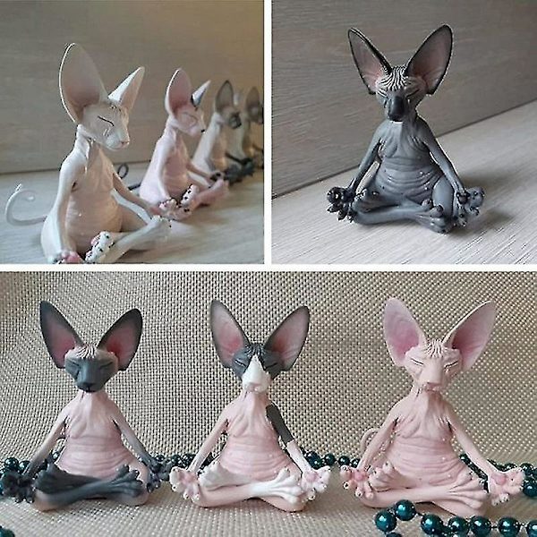 Sphynx katt mediterar samlarobjekt miniatyr Buddha figurin djurmodell docka leksaker hårlös prydnad rosa grå