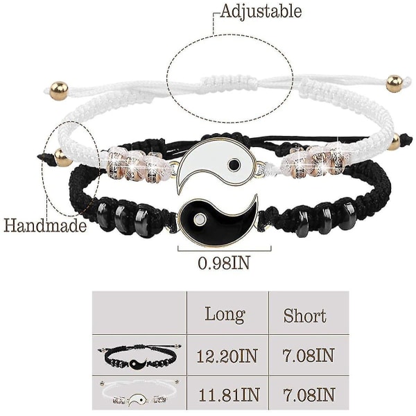 2 stk Yin Yang par armbånd justerbart tau armbånd for bestevenn elskere sølv