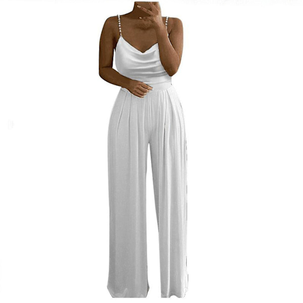Kvinnors Casual enfärgad lång playsuit lös dam pärla hängslen jumpsuit（S Vit）
