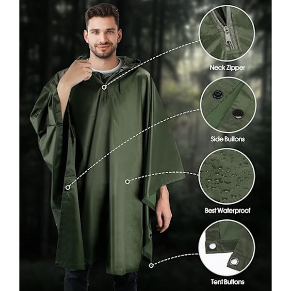 Sotilasvihreä 140 * 200cm vedenpitävä ponchohuppu, 3-in-1 militar