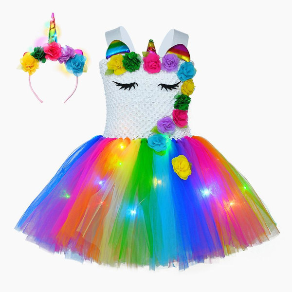 Princess Tutu Led Rainbow Unicorn Klänning för flickor Färgglada ljusa kostymer（M(3-4Y)）