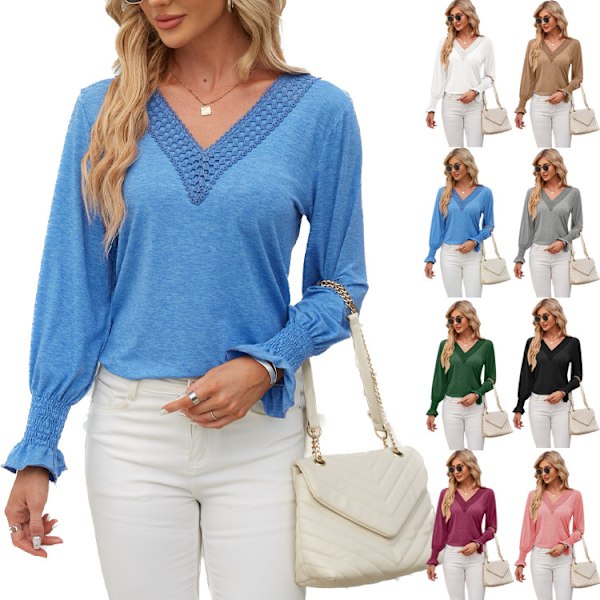 Langermet T-skjorte for kvinner, ensfarget V-hals Patchwork Løs Bluse L for kvinner L