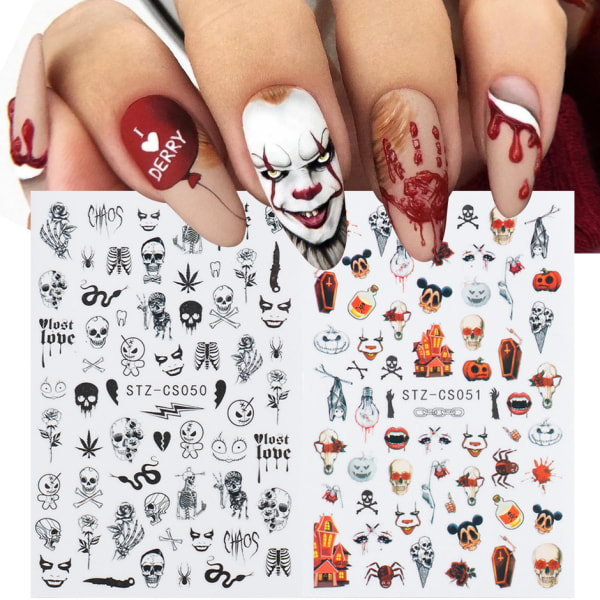9 Halloween Nail Art Stickers, självhäftande 3D Skull Nail Art De