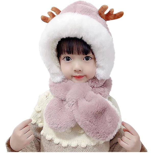 2 In 1 Winter Children&#39;s Hat With Scarf Cute Baby Reindeer Antler Ear Thickened Warm Plush Hat（Pink）