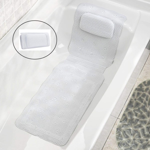 Badematte med full kroppsstøtte og badepute, 3D Air Mesh Spa badekarpute, med sklisikre sugekopper (125 * 36CM)