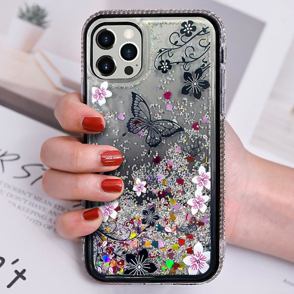 Iphone Glitter Case Söt fjäril Bling Rhinestone Diamond Side Bumper Moving Quicksands Funny Waterfall Flowing Sparkle Cover Luxury For Wome
