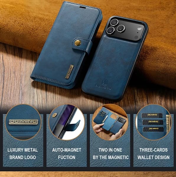 DG. MING 2-i-1 Magnetisk Plånbok iPhone 17 Pro Max, Flip Läder Telefonfodral, Blå