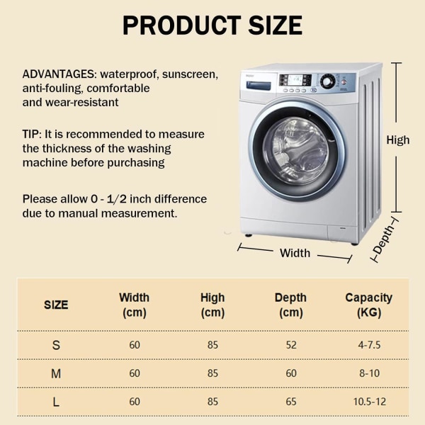 (L-kapacitet 10,5-12 kg, sol) Vaskemaskinebetræk Vandtæt Støv