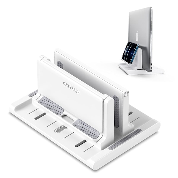 Justerbar vertikal bærbar computer stander til skrivebord, notesbogsholder med telefonholder, skrivebordsdock 3 i 1 pladsbesparende hvid