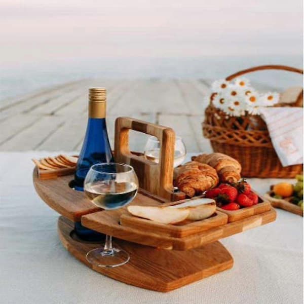 Bord Trä Picknickbord Med Glashållare Rund Fällbart Skrivbord Vinglasställ