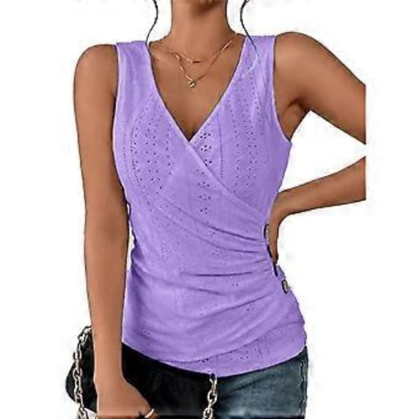 Wrap V-hals Rynket Tank Top Dame Ensfarvet Talje Rynket Øjehul Hul Knap Dekoration Ærmeløs Skjorte (2XLPurple) Purple 2XL
