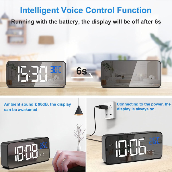 Digital väckarklocka, LED digital klocka Digital väckarklocka med temperatur/snooze/2 larm/12/24 timmar/ USB laddningsport/13 musik (ren svart)
